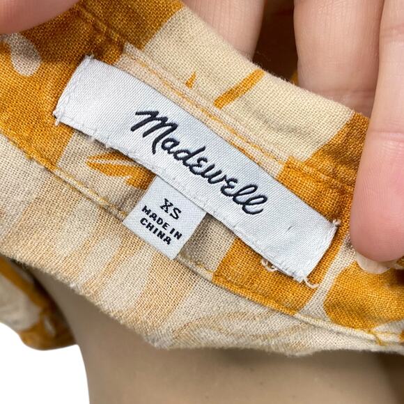 Madewell Orange Beige Checker Tropical Print Linen Blend Button Down Shirt SZ XS - Picture 8 of 9